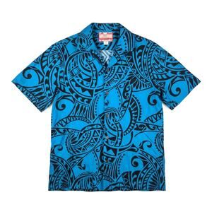 VTG RJC Polynesian Tribal Tattoo Print Hawaiian Shirt Blue Black M USA 80s 90s